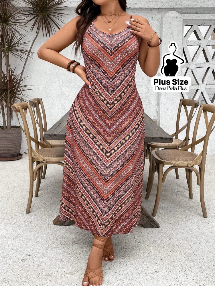 Vestido Longo Estampado Geométrico com Decote V Vermelho / G Vestido Longo Estampado Geométrico com Decote V