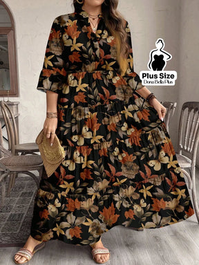Vestido Longo Floral com Decote em V e Mangas 3/4 Vestido Longo Floral com Decote em V e Mangas 3/4