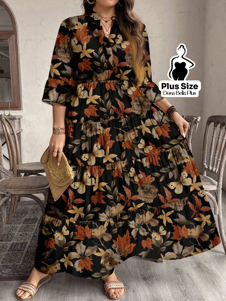 Vestido Longo Floral com Decote em V e Mangas 3/4 Vestido Longo Floral com Decote em V e Mangas 3/4
