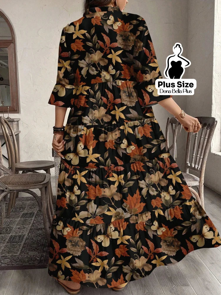Vestido Longo Floral com Decote em V e Mangas 3/4 Vestido Longo Floral com Decote em V e Mangas 3/4