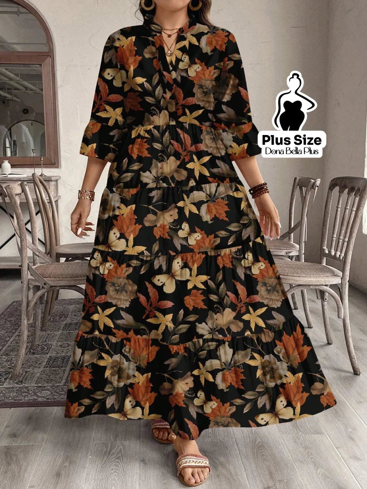 Vestido Longo Floral com Decote em V e Mangas 3/4 Vestido Longo Floral com Decote em V e Mangas 3/4