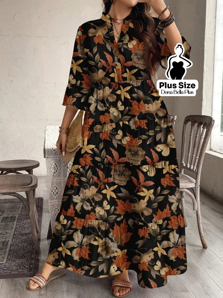 Vestido Longo Floral com Decote em V e Mangas 3/4 Estampa 1 / G Vestido Longo Floral com Decote em V e Mangas 3/4