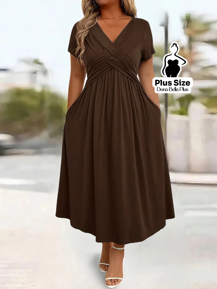 Vestido Midi com Decote V Modelagem Transpassada e Bolsos Laterais Castanho / G Vestido Midi com Decote V Modelagem