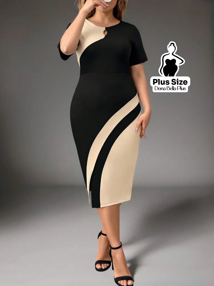 Vestido Midi Contrastante com Decote Redondo e Fenda Lateral Vestido Midi Contrastante com Decote Redondo e Fenda