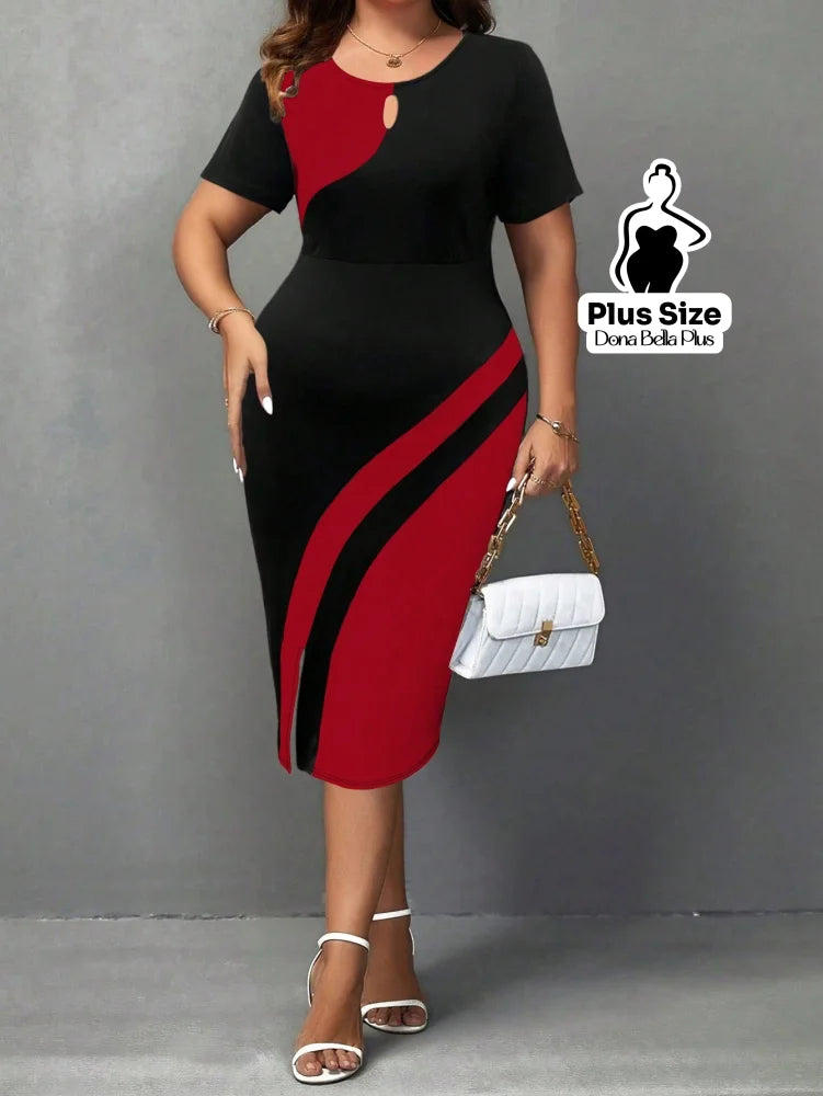 Vestido Midi Contrastante com Decote Redondo e Fenda Lateral Vestido Midi Contrastante com Decote Redondo e Fenda
