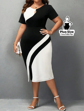 Vestido Midi Contrastante com Decote Redondo e Fenda Lateral Vestido Midi Contrastante com Decote Redondo e Fenda