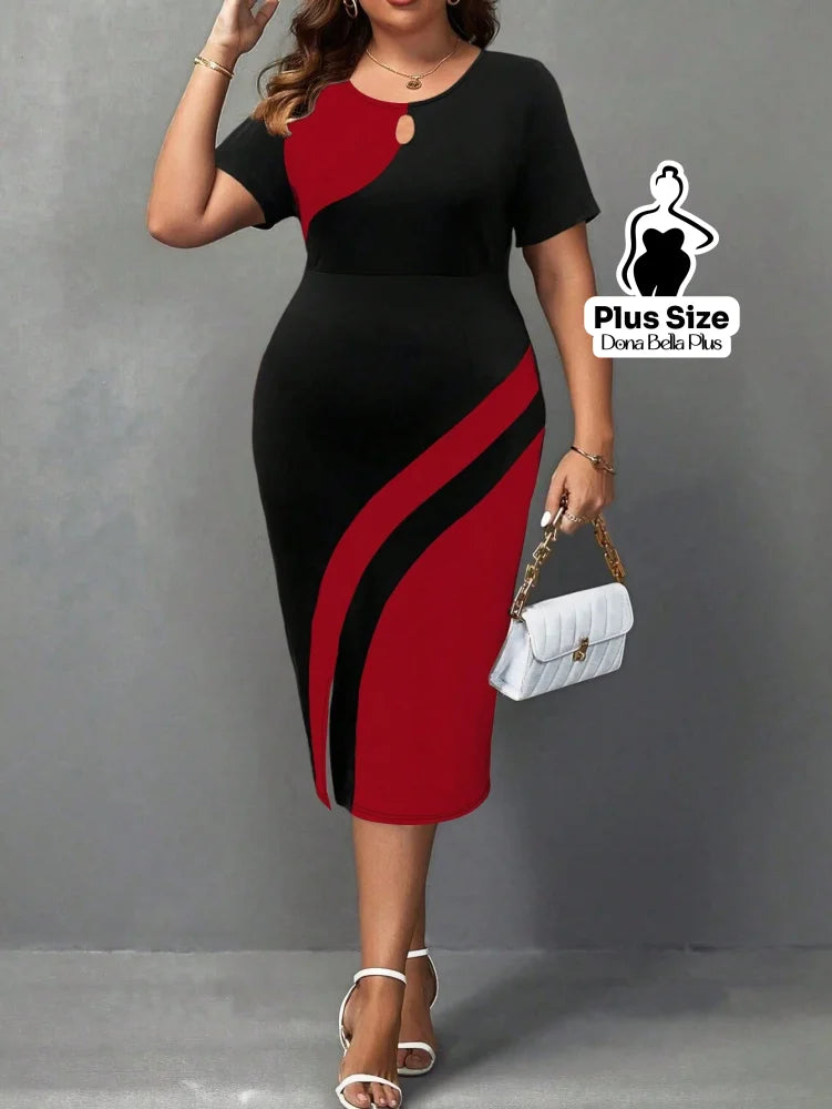 Vestido Midi Contrastante com Decote Redondo e Fenda Lateral Vestido Midi Contrastante com Decote Redondo e Fenda