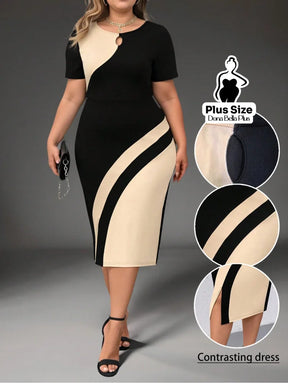 Vestido Midi Contrastante com Decote Redondo e Fenda Lateral Estampa 2 / G Vestido Midi Contrastante com Decote Redondo