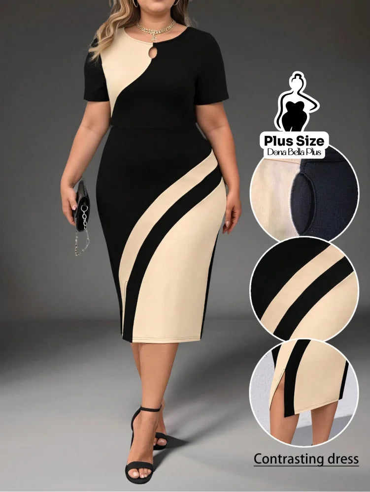 Vestido Midi Contrastante com Decote Redondo e Fenda Lateral Estampa 2 / G Vestido Midi Contrastante com Decote Redondo