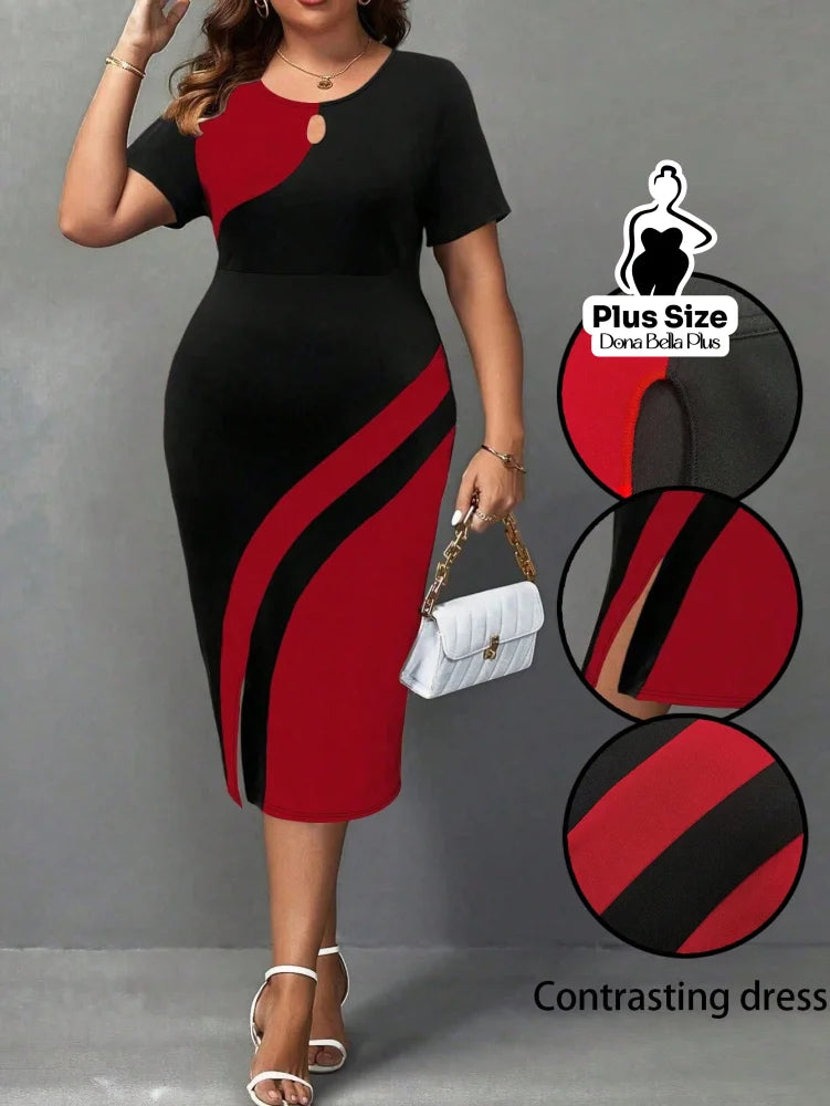 Vestido Midi Contrastante com Decote Redondo e Fenda Lateral Estampa 3 / G Vestido Midi Contrastante com Decote Redondo