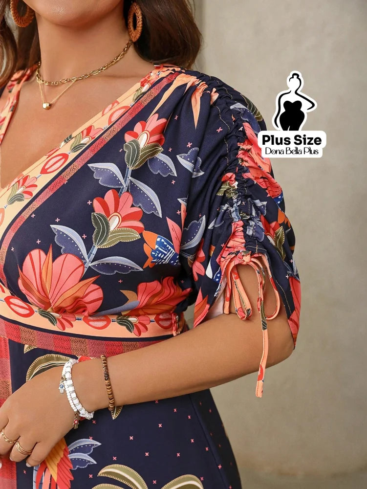 Vestido Midi Floral com Mangas Bufantes e Detalhe de Renda Vestido Midi Floral com Mangas Bufantes e Detalhe de Renda