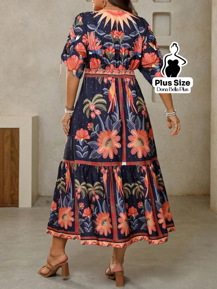 Vestido Midi Floral com Mangas Bufantes e Detalhe de Renda Vestido Midi Floral com Mangas Bufantes e Detalhe de Renda