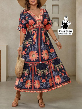 Vestido Midi Floral com Mangas Bufantes e Detalhe de Renda Vestido Midi Floral com Mangas Bufantes e Detalhe de Renda