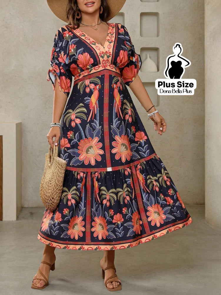 Vestido Midi Floral com Mangas Bufantes e Detalhe de Renda Vestido Midi Floral com Mangas Bufantes e Detalhe de Renda