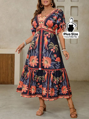 Vestido Midi Floral com Mangas Bufantes e Detalhe de Renda G Vestido Midi Floral com Mangas Bufantes e Detalhe de Renda