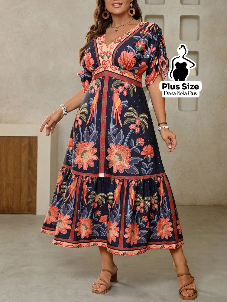 Vestido Midi Floral com Mangas Bufantes e Detalhe de Renda G Vestido Midi Floral com Mangas Bufantes e Detalhe de Renda