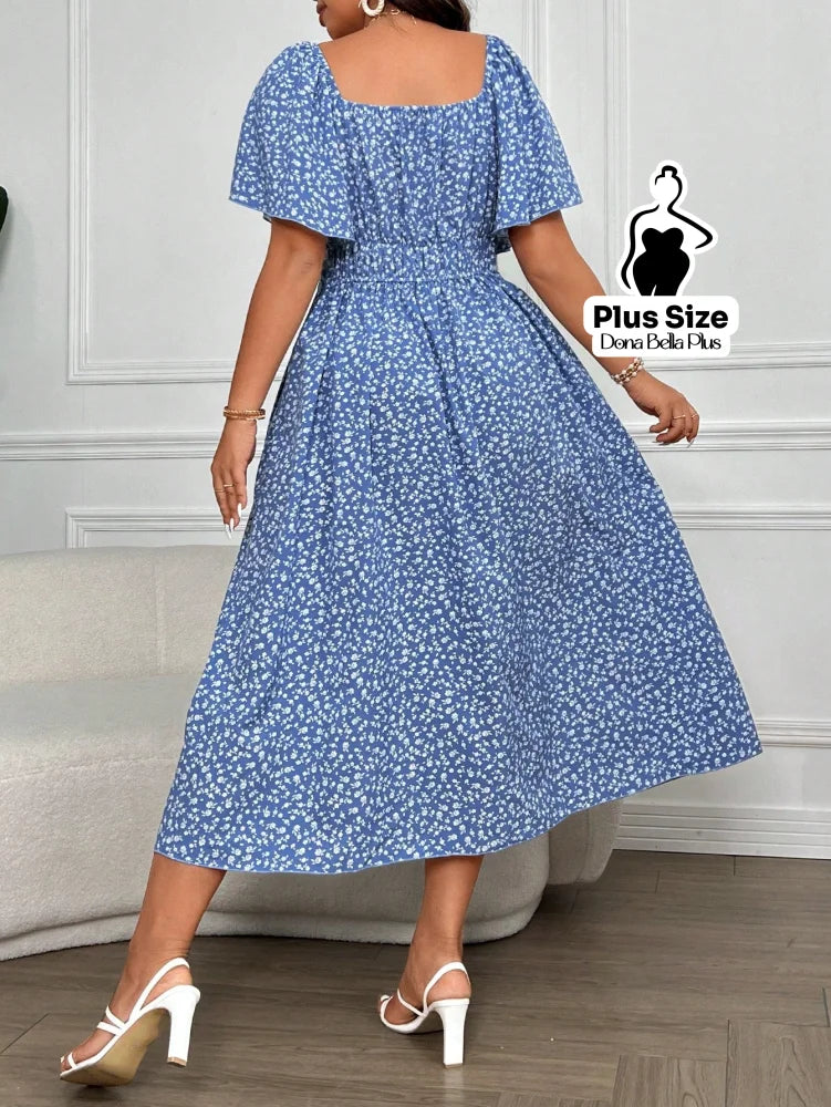 Vestido Midi Mangas Curta Botões Frontais e Decote Quadrado Vestido Midi Mangas Curta Botões Frontais e Decote Quadrado