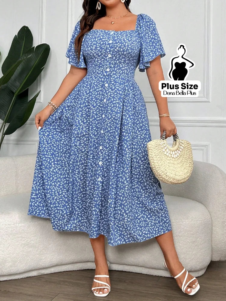 Vestido Midi Mangas Curta Botões Frontais e Decote Quadrado Azul / G Vestido Midi Mangas Curta Botões Frontais e Decote