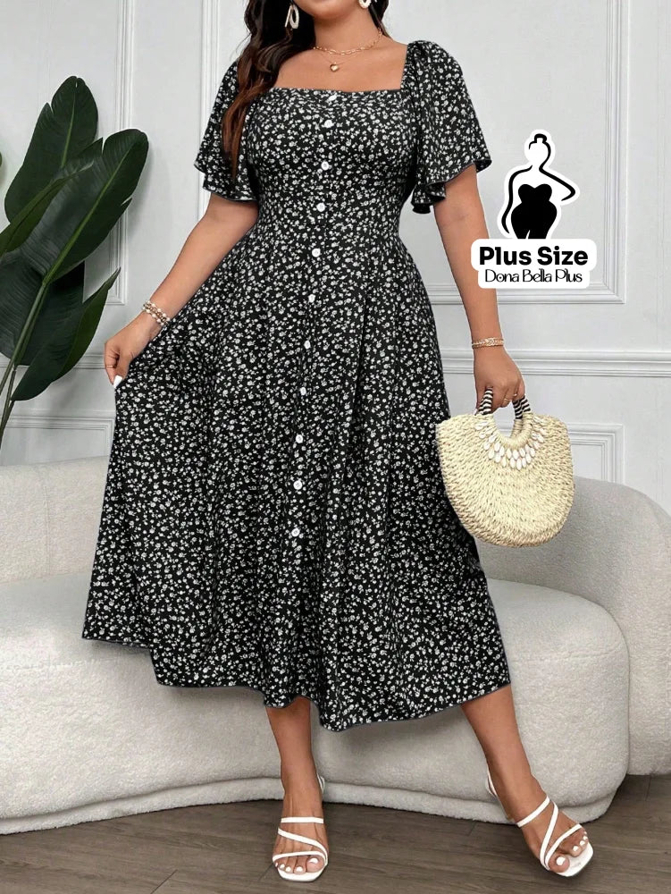 Vestido Midi Mangas Curta Botões Frontais e Decote Quadrado Preto / G Vestido Midi Mangas Curta Botões Frontais e
