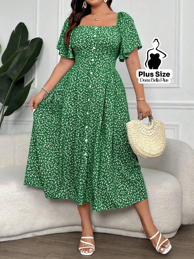 Vestido Midi Mangas Curta Botões Frontais e Decote Quadrado Verde / G Vestido Midi Mangas Curta Botões Frontais e