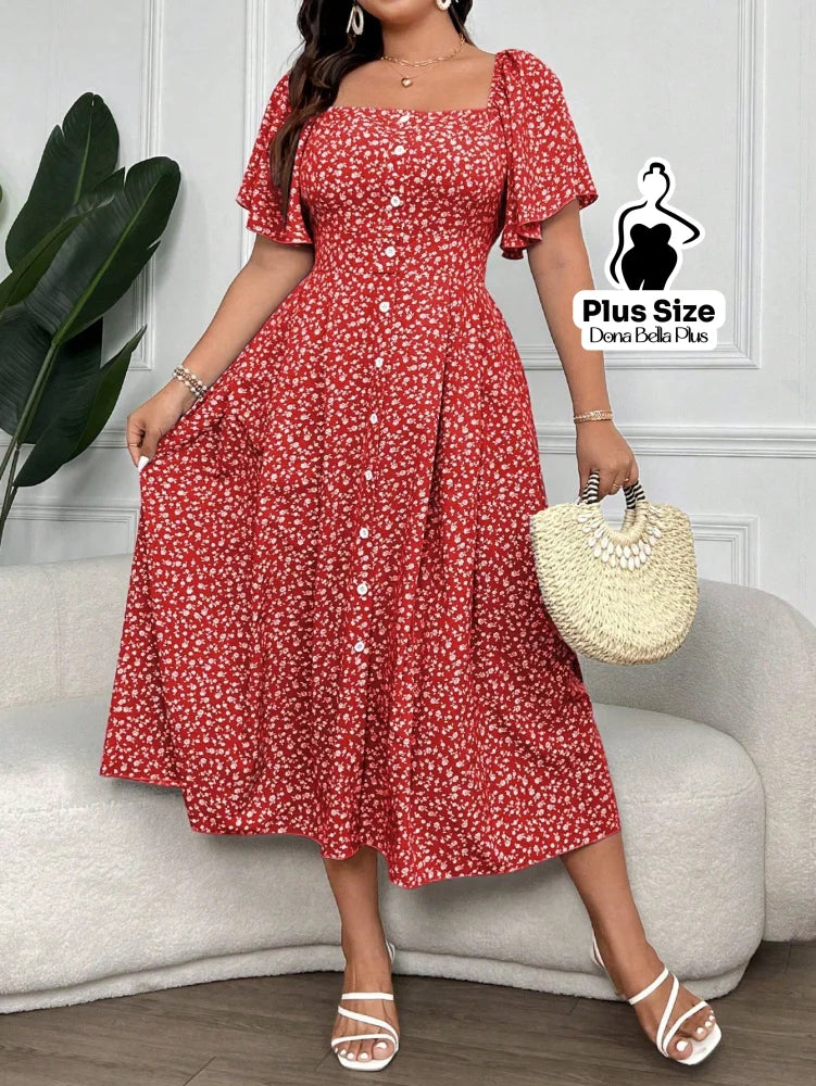 Vestido Midi Mangas Curta Botões Frontais e Decote Quadrado Vermelho / G Vestido Midi Mangas Curta Botões Frontais e