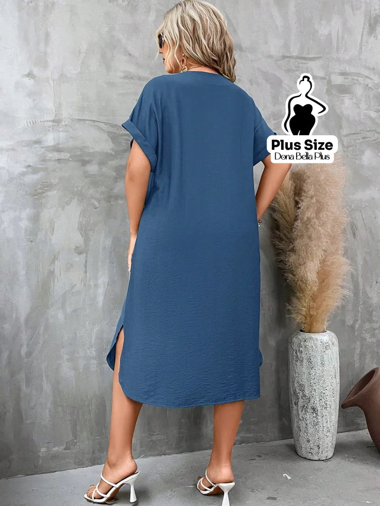 Vestido Midi Solto com Decote V e Bolsos Laterais Vestido Midi Solto com Decote V e Bolsos Laterais