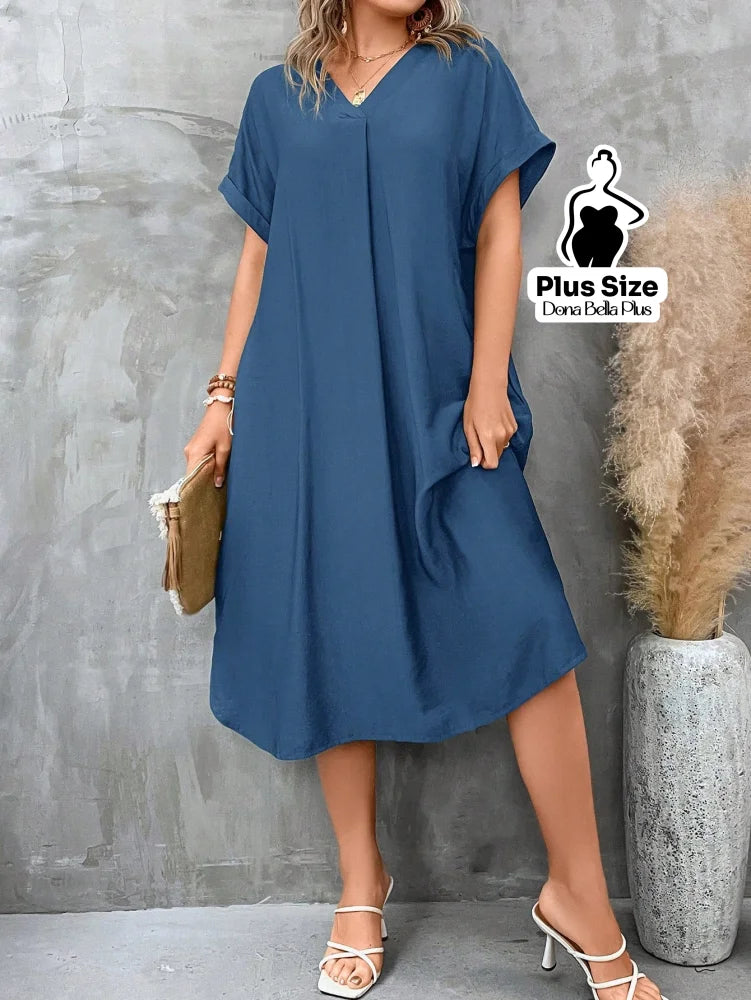 Vestido Midi Solto com Decote V e Bolsos Laterais Azul / G Vestido Midi Solto com Decote V e Bolsos Laterais