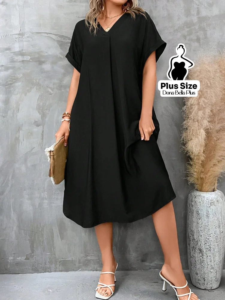 Vestido Midi Solto com Decote V e Bolsos Laterais Preto / G Vestido Midi Solto com Decote V e Bolsos Laterais