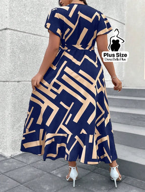 Vestido Midi Transpassado Estampado com Mangas Curtas e Faixa Vestido Midi Transpassado Estampado com Mangas Curtas e