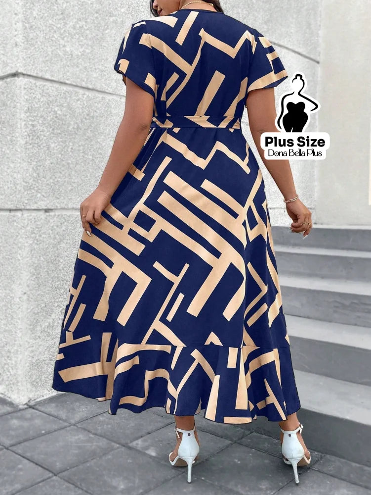 Vestido Midi Transpassado Estampado com Mangas Curtas e Faixa Vestido Midi Transpassado Estampado com Mangas Curtas e