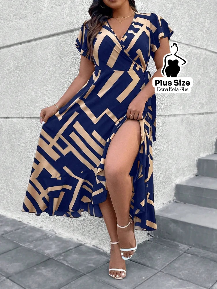 Vestido Midi Transpassado Estampado com Mangas Curtas e Faixa Vestido Midi Transpassado Estampado com Mangas Curtas e