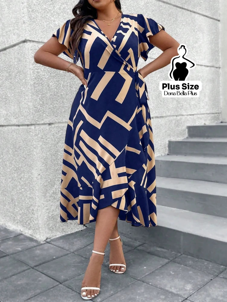Vestido Midi Transpassado Estampado com Mangas Curtas e Faixa Vestido Midi Transpassado Estampado com Mangas Curtas e