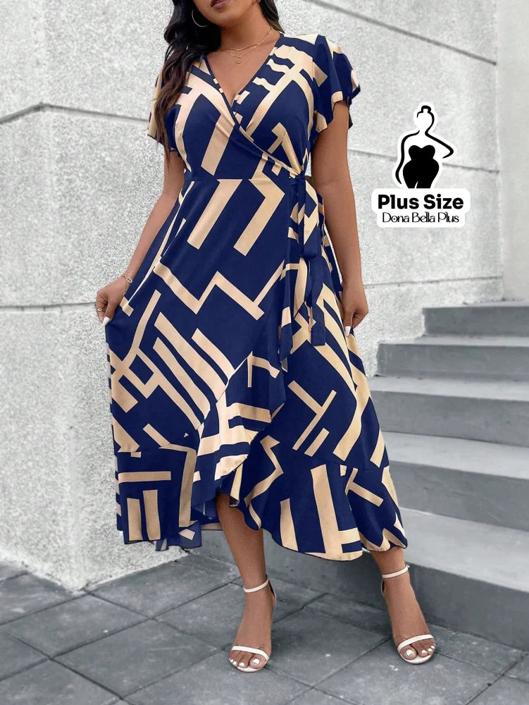 Vestido Midi Transpassado Estampado com Mangas Curtas e Faixa G Vestido Midi Transpassado Estampado com Mangas Curtas e